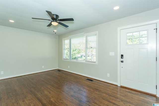 foyer entrance with ceiling fan, a wealth of natural light, and dark wood-type flooring