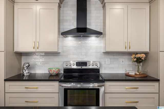 kitchen featuring decorative backsplash, wall chimney range hood, white cabinets, and electric stove