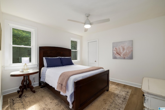 bedroom featuring ceiling fan, dark wood-type flooring, and multiple windows