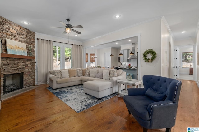 living room with hardwood / wood-style flooring, a fireplace, and ornamental molding