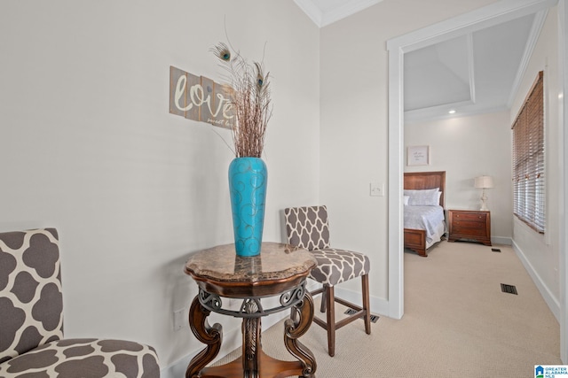 interior space with light carpet and crown molding