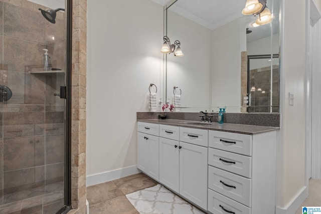 bathroom with an enclosed shower, crown molding, and vanity