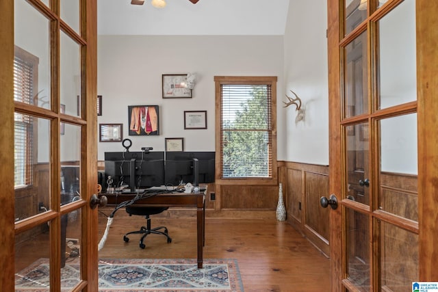 office area featuring ceiling fan, french doors, and wood-type flooring