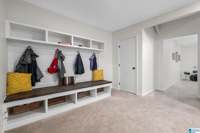 mudroom featuring light carpet