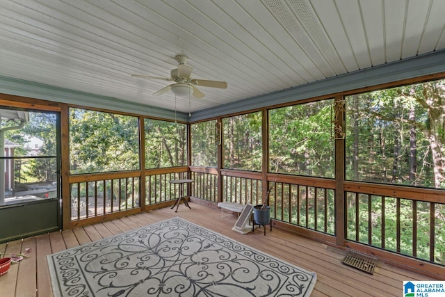 sunroom / solarium featuring ceiling fan