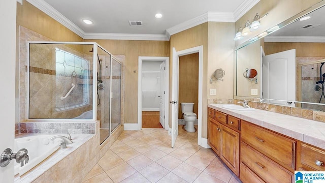 full bathroom with vanity, plus walk in shower, tile patterned flooring, ornamental molding, and toilet