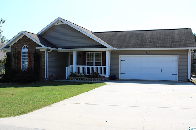 ranch-style home with a porch, a front lawn, and a garage