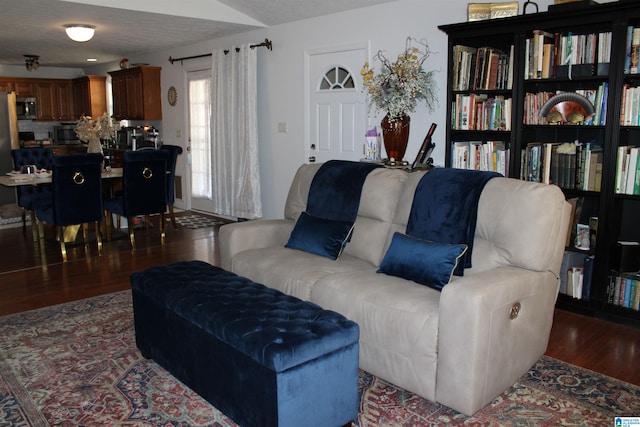 living room featuring a textured ceiling and dark hardwood / wood-style floors