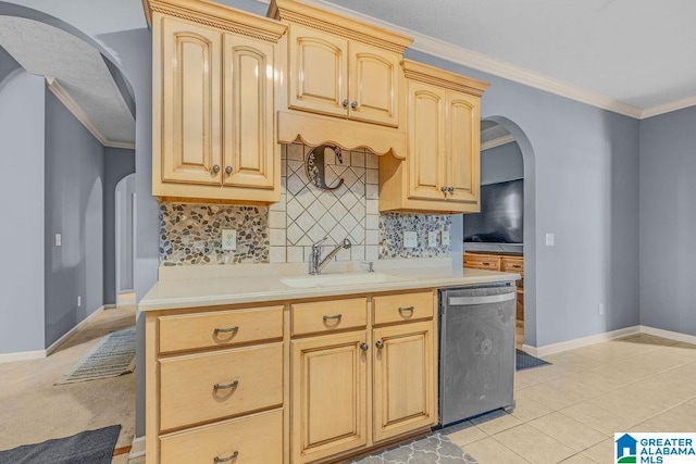 kitchen with decorative backsplash, light brown cabinetry, sink, dishwasher, and ornamental molding