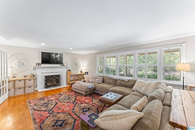 living room with light wood-type flooring and crown molding