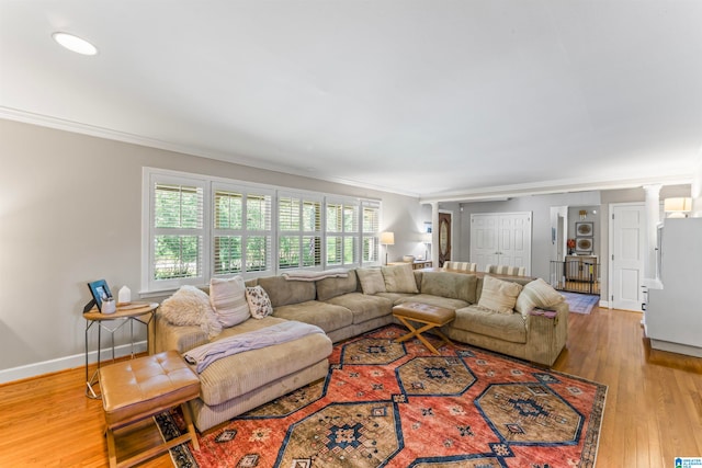 living room featuring decorative columns, crown molding, and light hardwood / wood-style floors