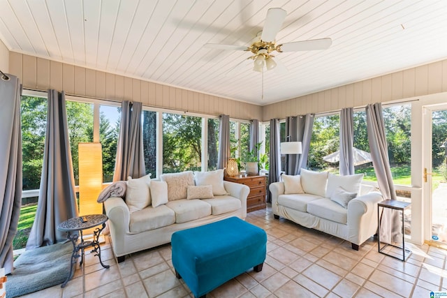 sunroom / solarium featuring wooden ceiling and ceiling fan