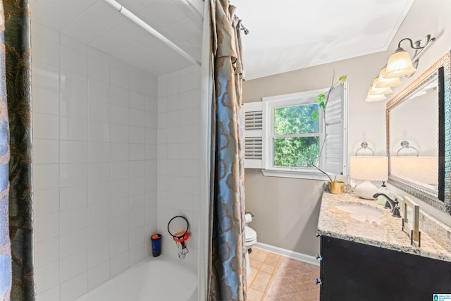 full bathroom with toilet, crown molding, tile patterned floors, shower / bath combo, and vanity