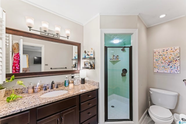 bathroom featuring walk in shower, vanity, crown molding, and toilet