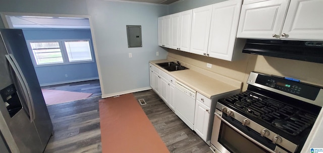 kitchen with dark wood-type flooring, exhaust hood, stainless steel appliances, and white cabinets