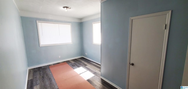 empty room featuring ornamental molding and hardwood / wood-style floors