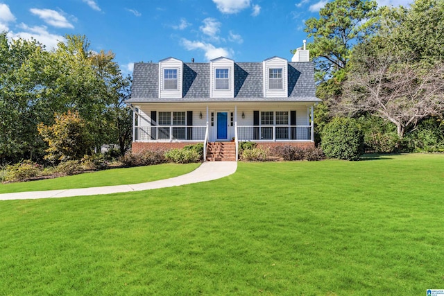 cape cod-style house with a porch and a front lawn