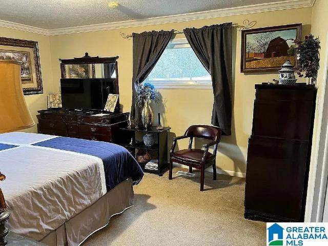 carpeted bedroom with ornamental molding and a textured ceiling