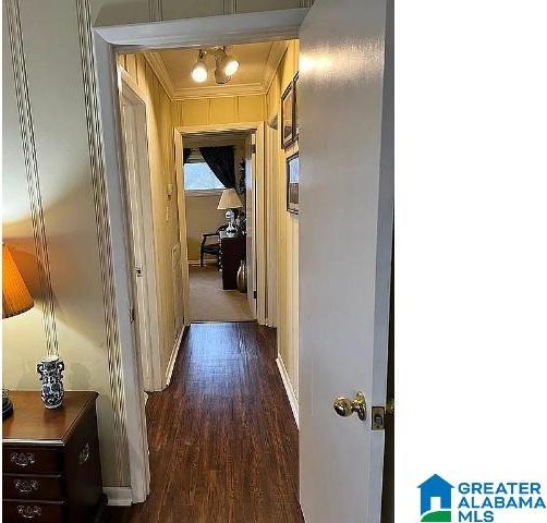 corridor with dark hardwood / wood-style floors and crown molding