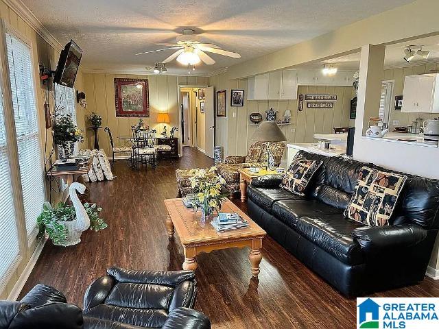 living room with dark wood-type flooring, a textured ceiling, and ceiling fan