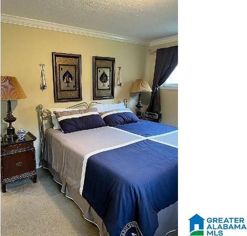 bedroom with ornamental molding, a textured ceiling, and carpet flooring