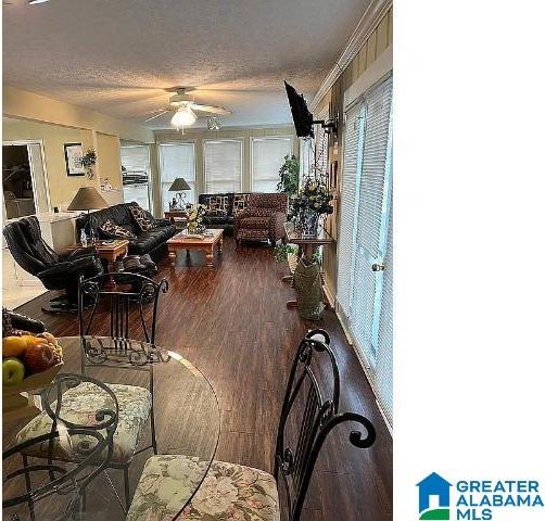 living room featuring hardwood / wood-style flooring, ceiling fan, plenty of natural light, and a textured ceiling