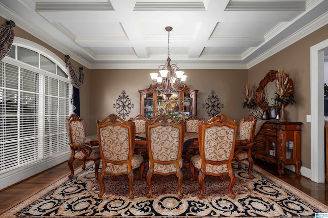 dining area with crown molding, coffered ceiling, dark hardwood / wood-style flooring, and an inviting chandelier