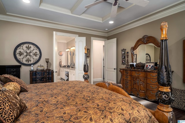 bedroom with ceiling fan, crown molding, beamed ceiling, and ensuite bathroom