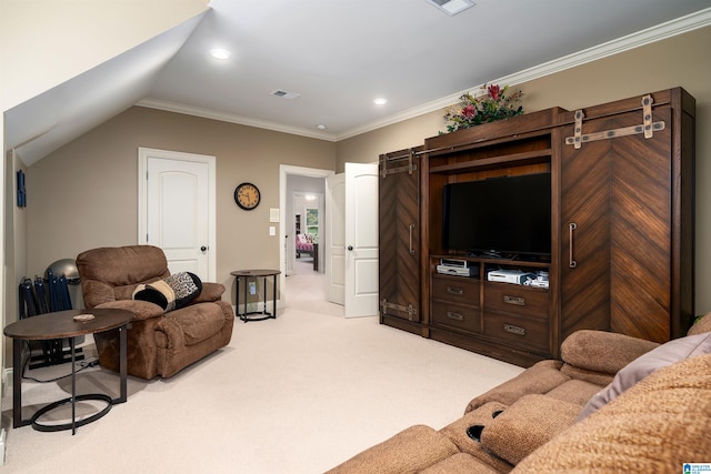 living room with lofted ceiling, light colored carpet, and crown molding