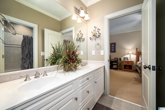 bathroom featuring vanity, crown molding, a shower with curtain, and tile patterned floors