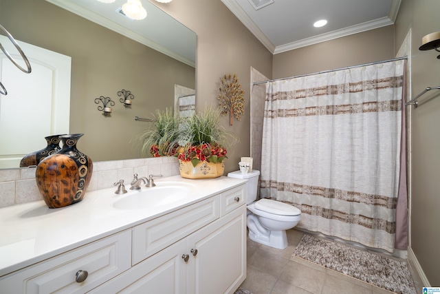 bathroom featuring tile patterned floors, toilet, crown molding, a shower with shower curtain, and vanity