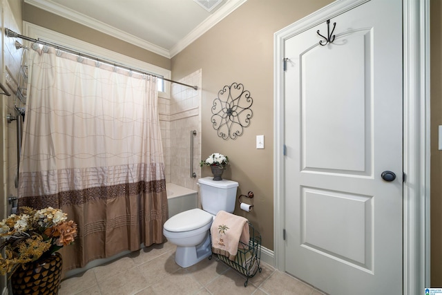 bathroom with toilet, crown molding, shower / bath combo with shower curtain, and tile patterned flooring