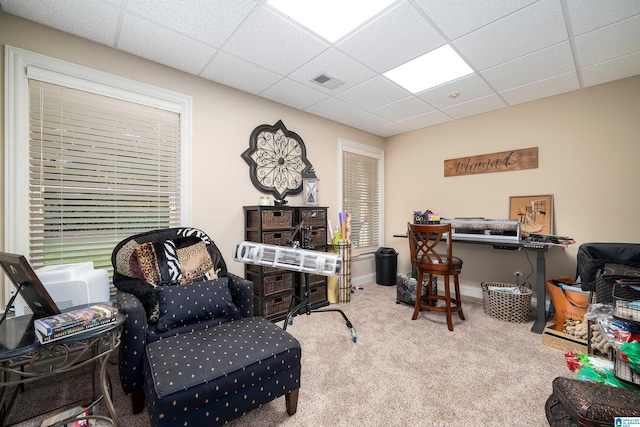 carpeted office space with a drop ceiling