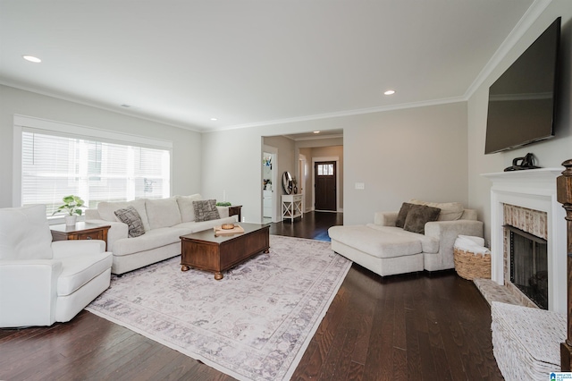 living room featuring a brick fireplace, crown molding, and dark hardwood / wood-style flooring