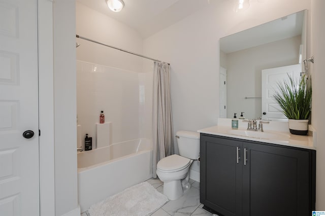 full bathroom featuring vanity, toilet, and shower / bathtub combination with curtain