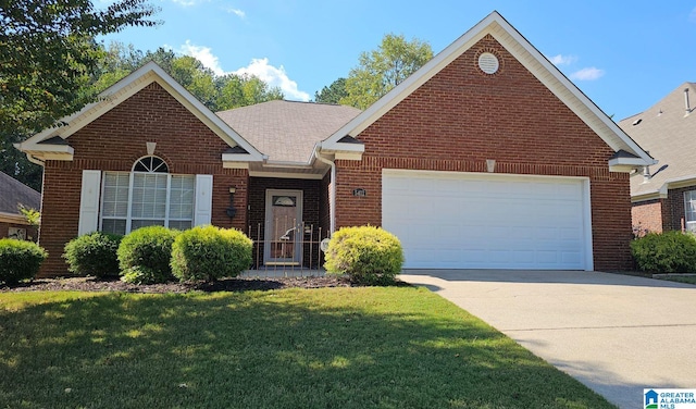 view of front of house with a front yard and a garage