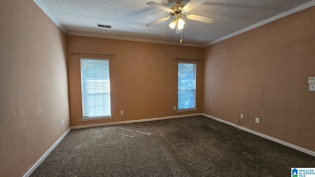 carpeted empty room featuring ceiling fan, a textured ceiling, and ornamental molding