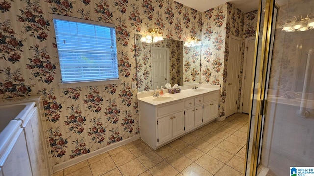 bathroom featuring tile patterned floors, vanity, and plus walk in shower