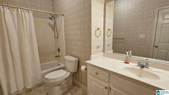 full bathroom with shower / bath combo, tile patterned floors, vanity, and toilet