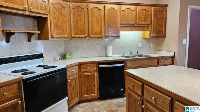 kitchen featuring white electric range, backsplash, sink, and dishwasher