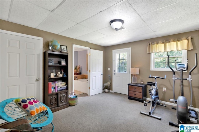 exercise area featuring a drop ceiling and carpet flooring