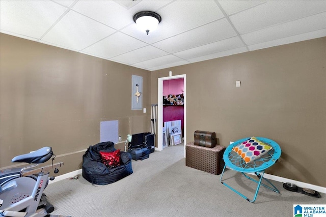 recreation room featuring a drop ceiling and carpet