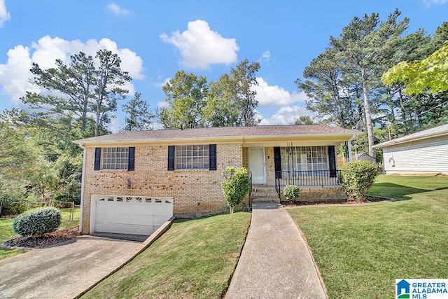 view of front of property featuring covered porch, a front yard, and a garage