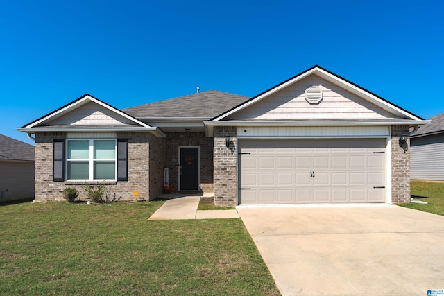 single story home with a front lawn and a garage