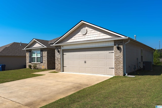 single story home with a garage, central air condition unit, and a front yard