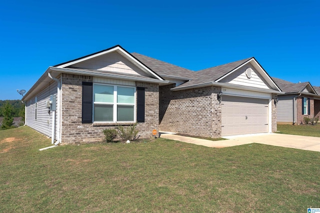 ranch-style house featuring a front yard and a garage