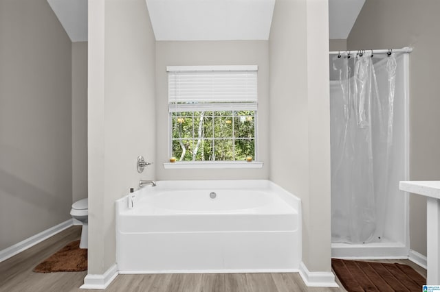 bathroom with lofted ceiling, plus walk in shower, toilet, and wood-type flooring