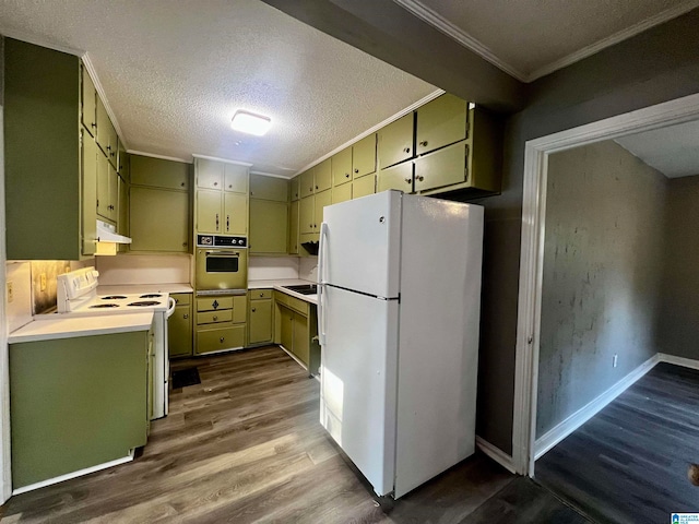 kitchen with white appliances, crown molding, green cabinets, dark hardwood / wood-style floors, and a textured ceiling