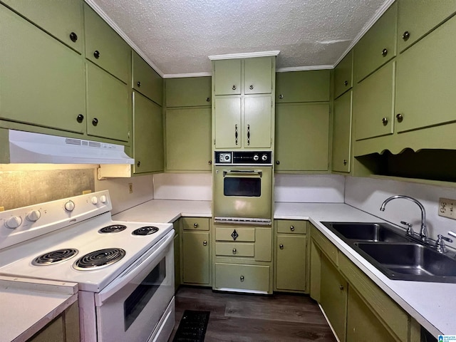 kitchen featuring white electric range oven, sink, oven, and a textured ceiling