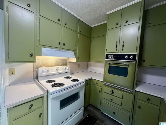 kitchen featuring ornamental molding, a textured ceiling, oven, white electric range, and green cabinets